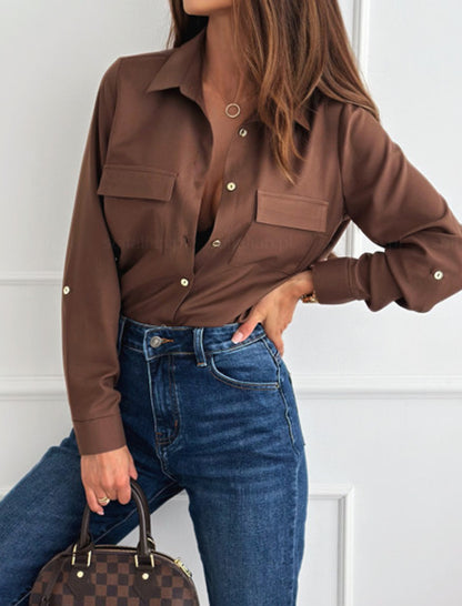 Solid Rolled Sleeve Single-Button Long Sleeve Shirt