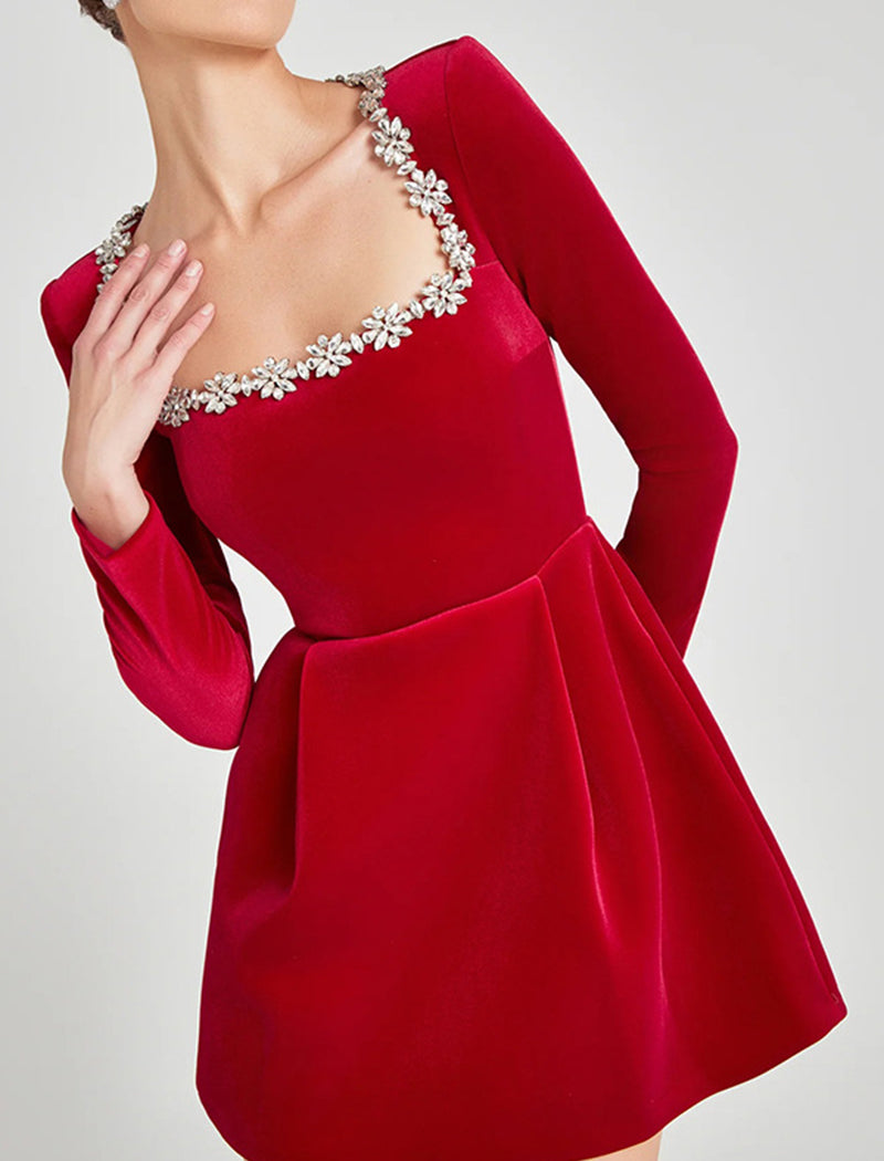 Square Neck Rhinestone-Trimmed Velvet Dress