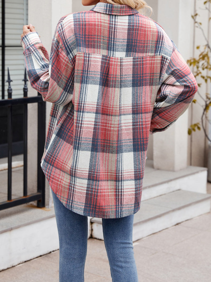 Plaid Curved-Hem Button-Up Shirt