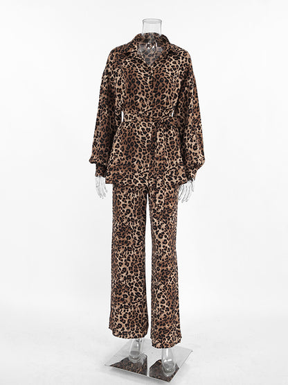 Leopard Shirt and Wide-Leg Pants Set