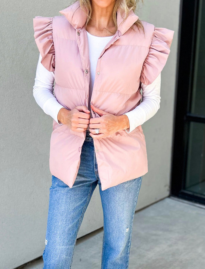 Ruffle Trim Quilted Sleeveless Vest