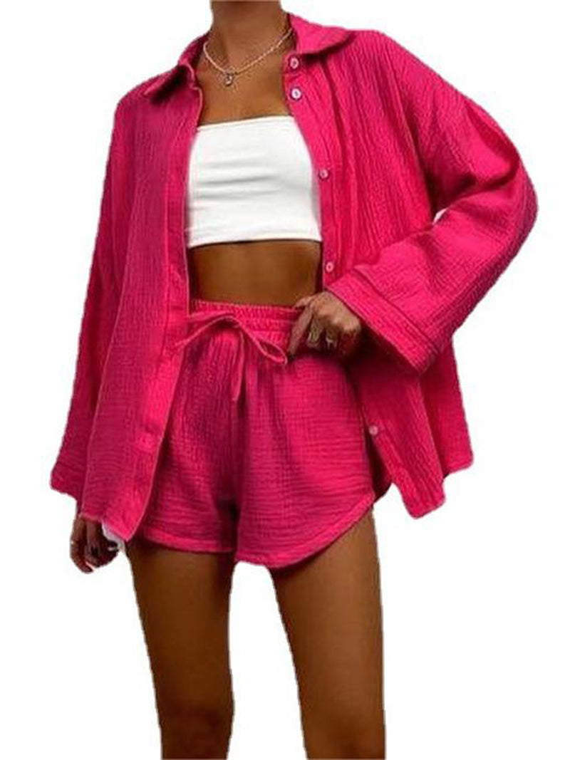 Solid Button-Up Shirt and Shorts Set