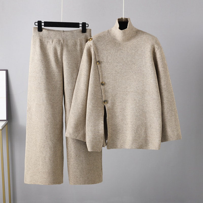 Stand Collar Split Knit High Neck Sweater and Wide-Leg Pants Set