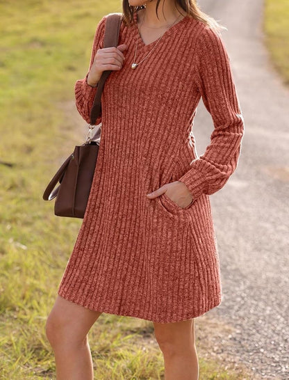 V-Neck Long Sleeve Ribbed Dress