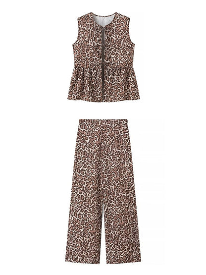 Leopard Print Vest and Wide-Leg Pants Set