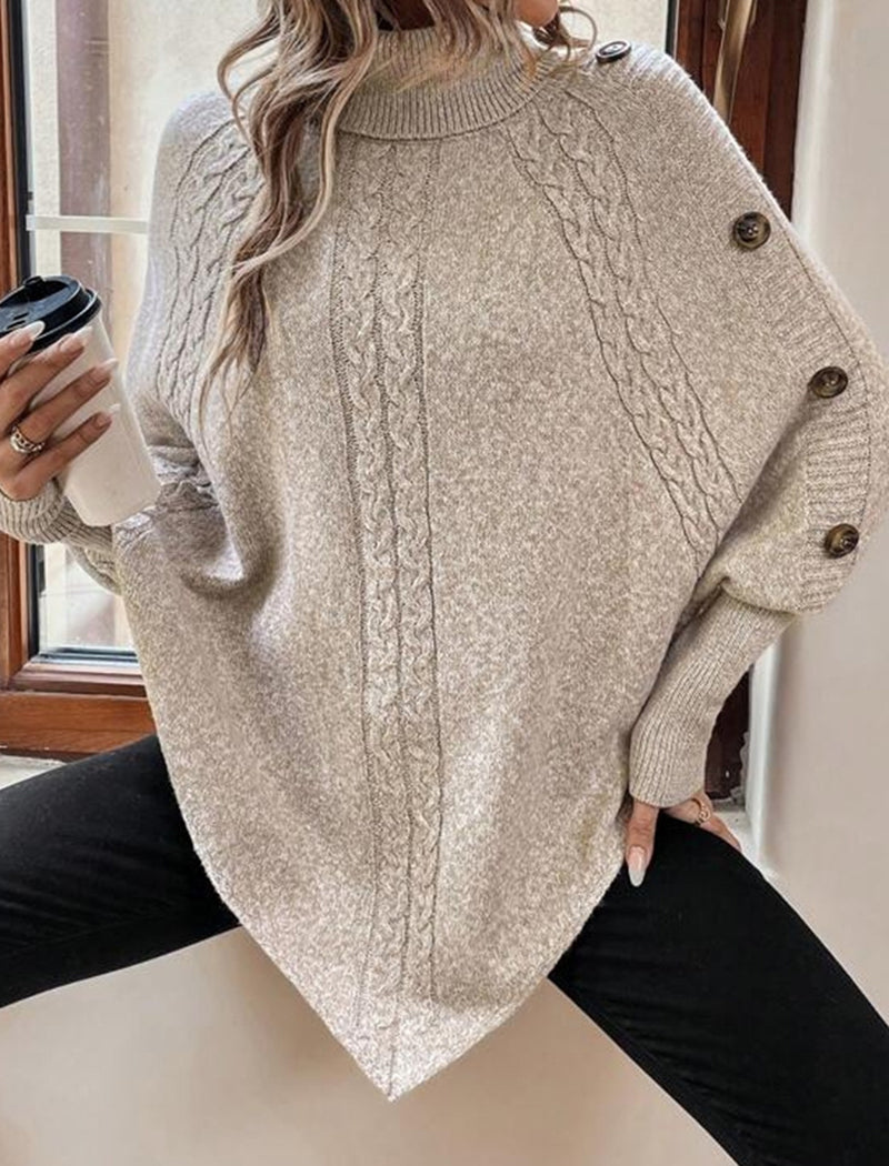 Cable Knit Button-Accent Poncho Sweater