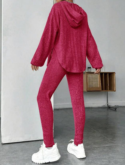 Solid Ribbed Loose Hooded Pants Set