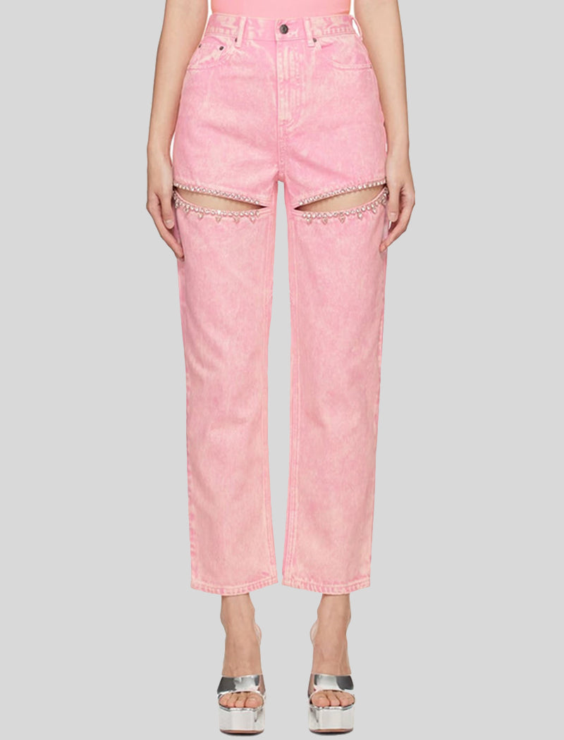Cutout Rhinestone Straight-Leg Jeans
