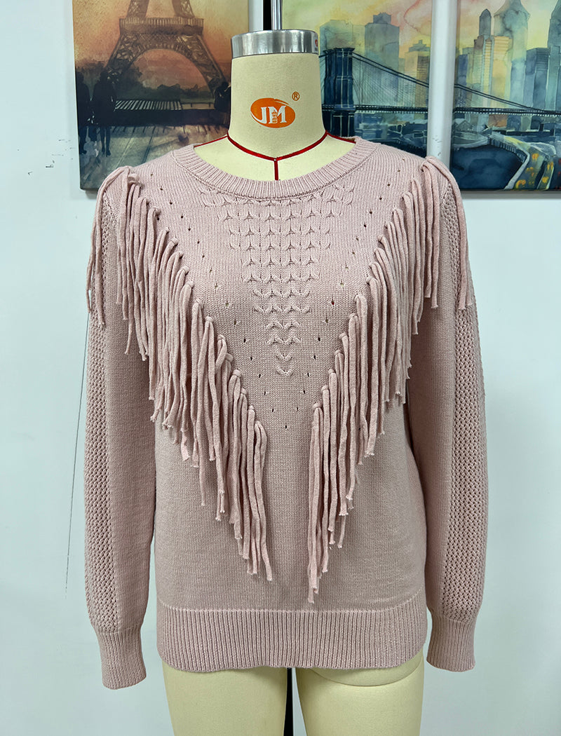 Fringe Detail Textured Knit Sweater