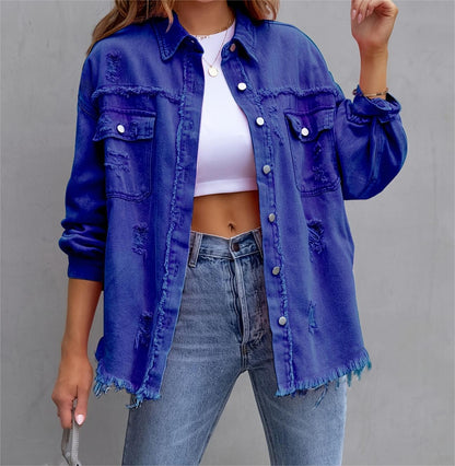 Solid Mid-Length Ripped Denim Jacket