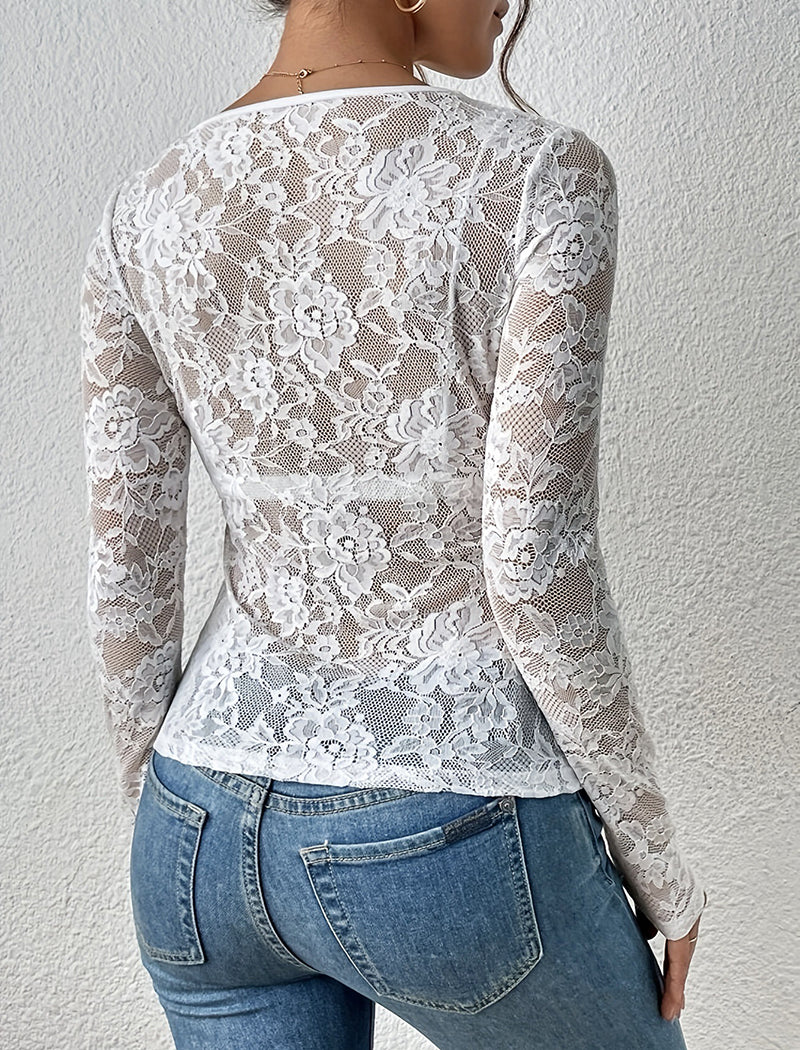 V-Neck Lace Bodycon Long Sleeve Top