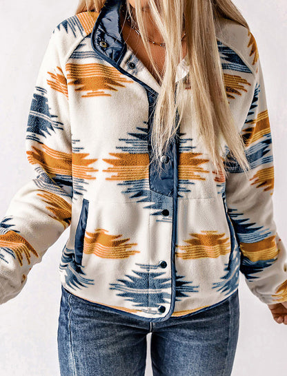 Aztec Print Button-Up Fleece Jacket