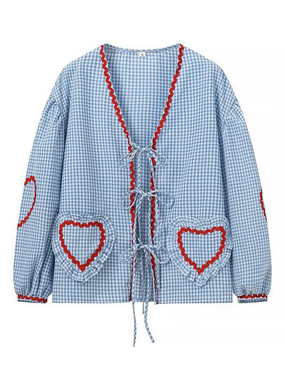Heart Pocket Checkered Loose Long Sleeve Shirt