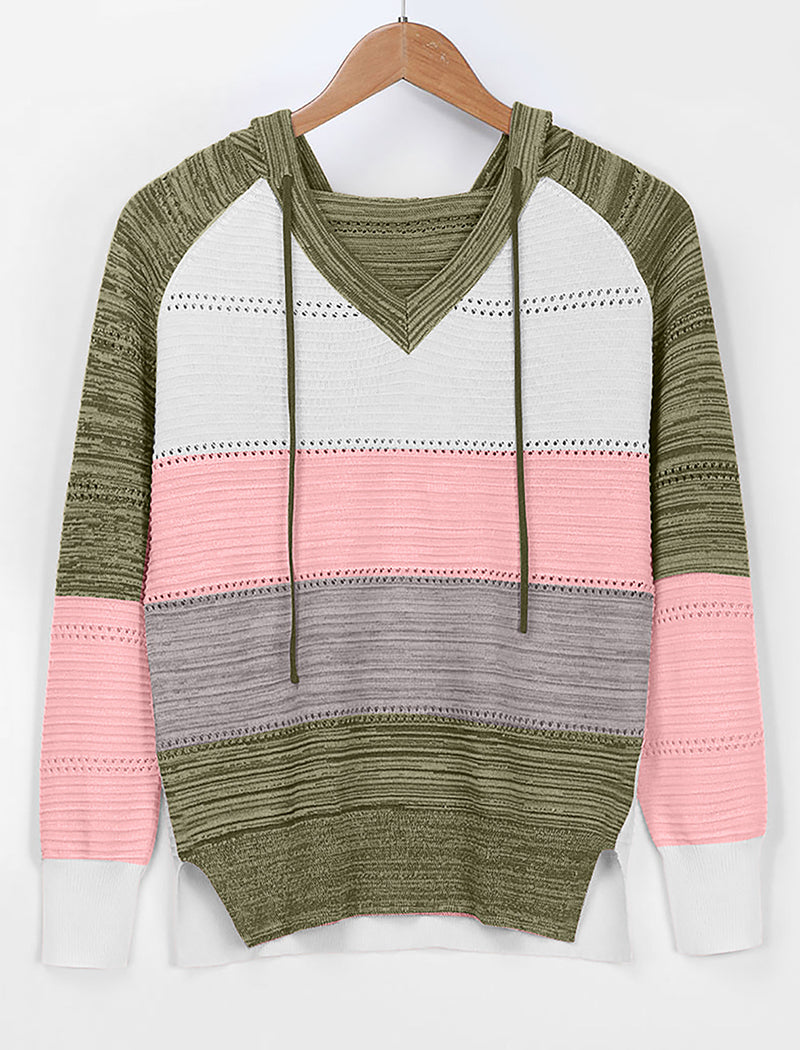 Striped V-Neck Knit Hooded Sweater