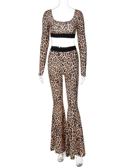 Leopard Crop Top and Flared-Leg Pants Set