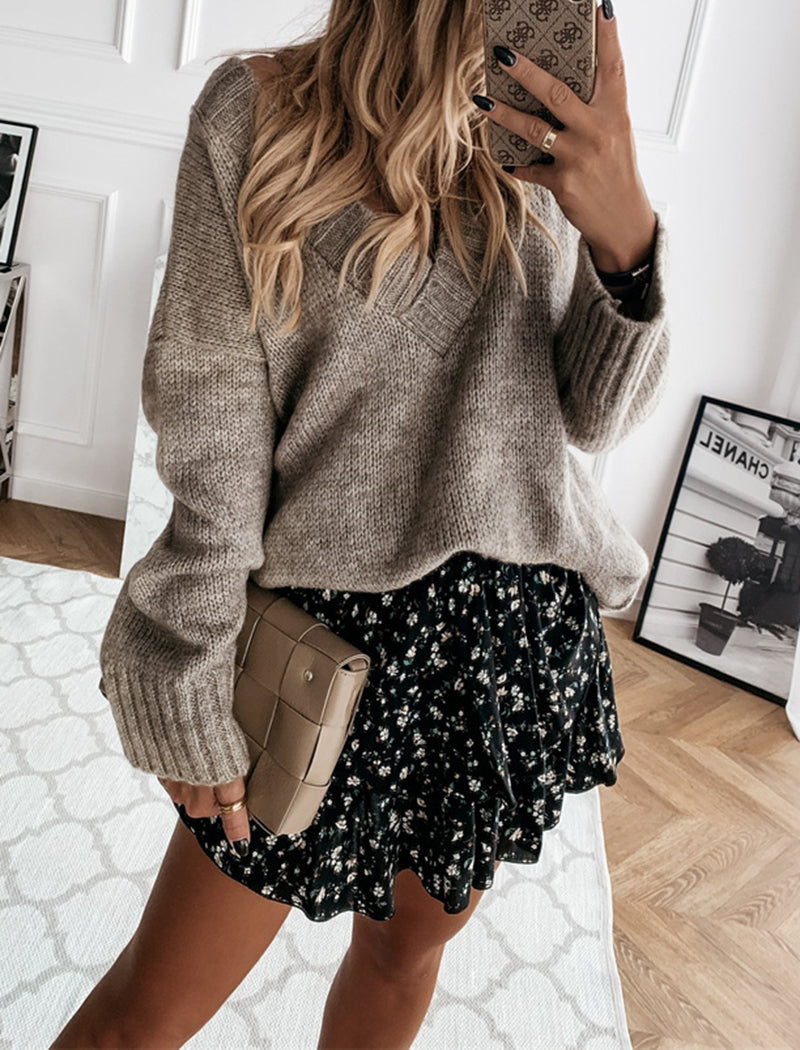 Solid V Neck Knit Sweater