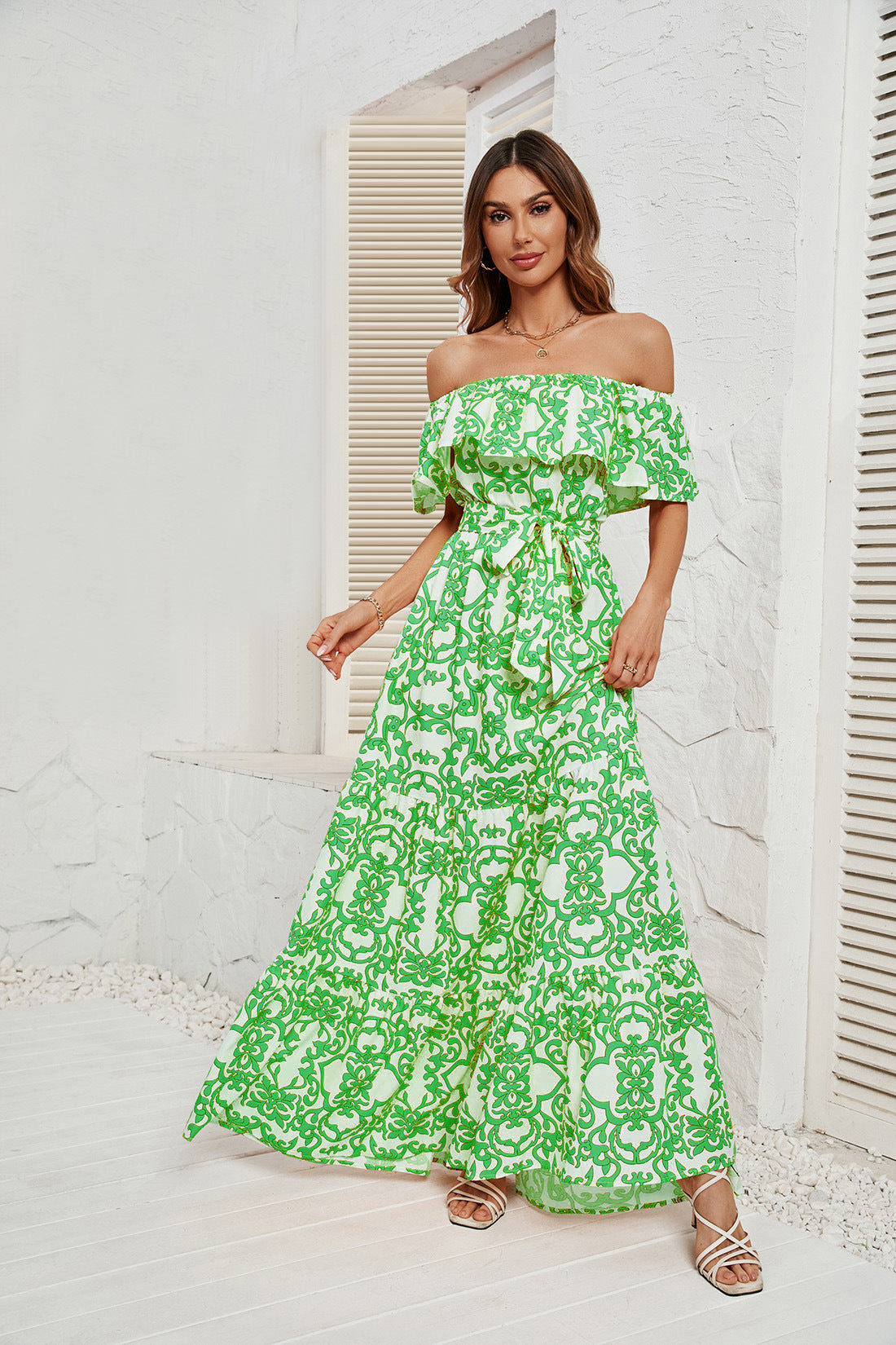 DVI407005D Off-Shoulder Belted Maxi Dress