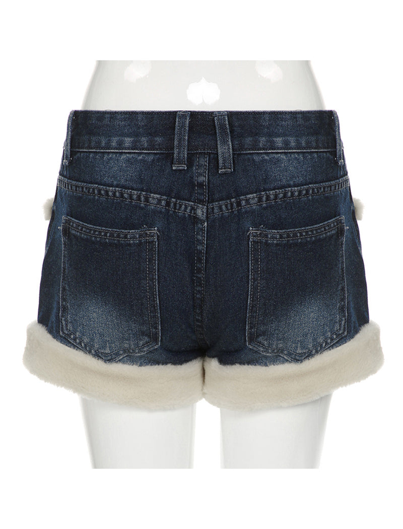 Patchwork Faux Fur Denim Shorts