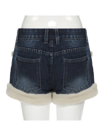 Patchwork Faux Fur Denim Shorts