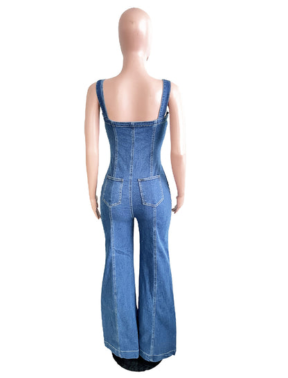 Wide-Leg Button-Up Denim Jumpsuit