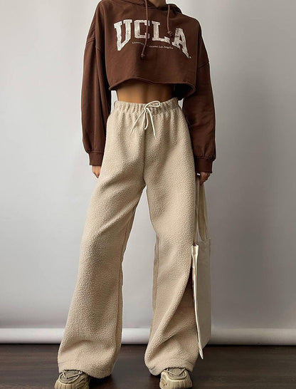 Wide-Leg Plush Drawstring Lounge Pants