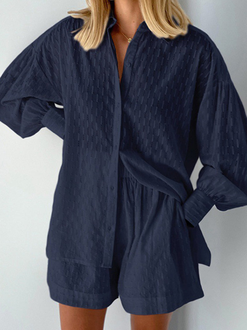 Solid Button-Up Shirt and Shorts Set