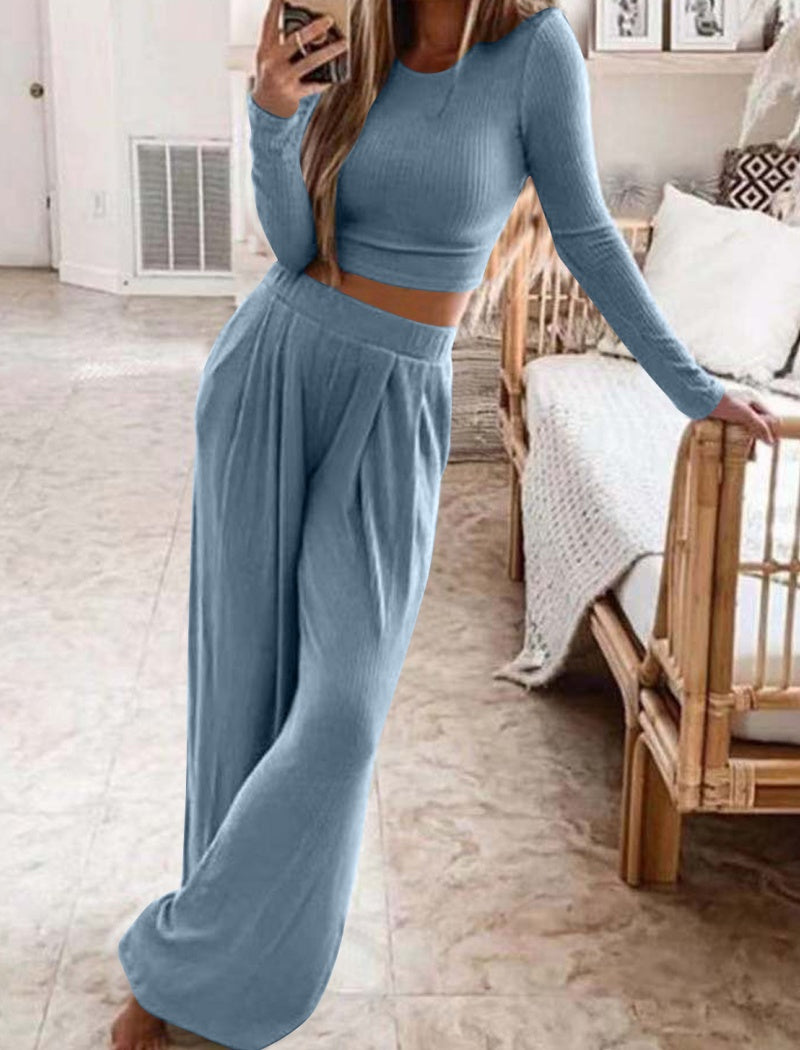 Ribbed Two-Piece Crop Top and Wide Pants Set