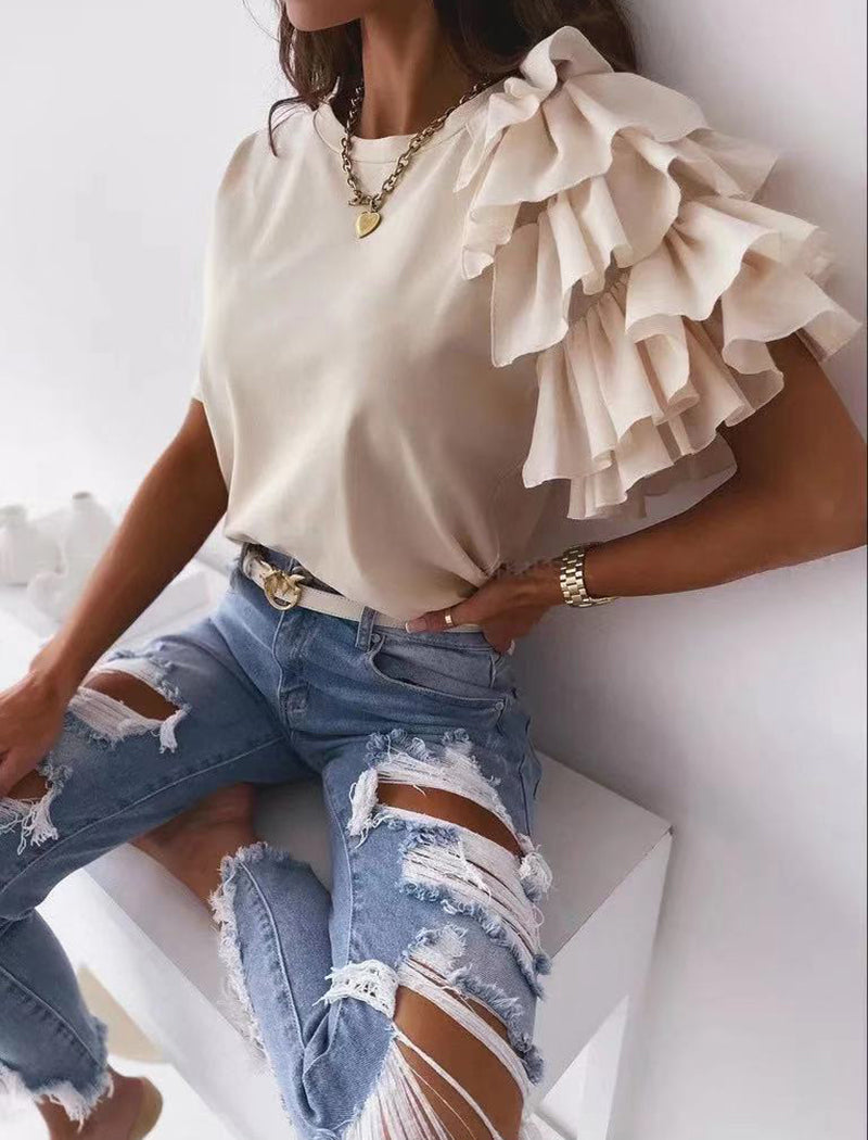 Ruffle Sleeve Statement T-Shirt