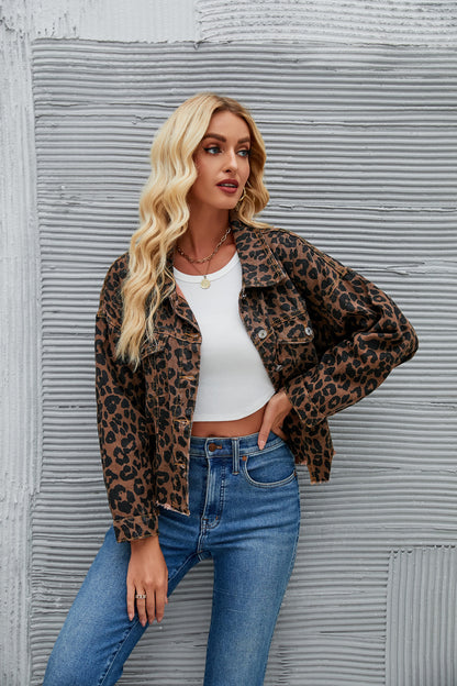 Leopard Print Button-Up Denim Jacket