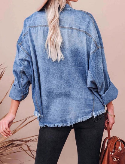 Distressed Hem Oversized Denim Shirt