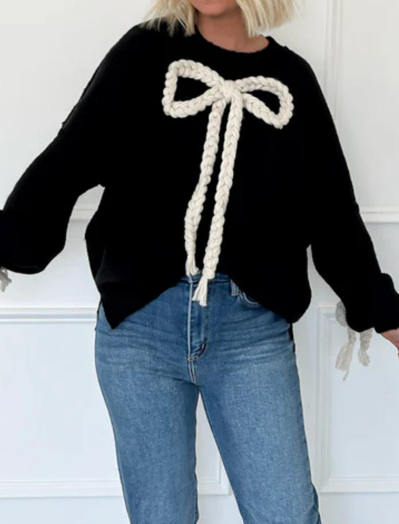 Oversized Sweater with Braided Bow Accent