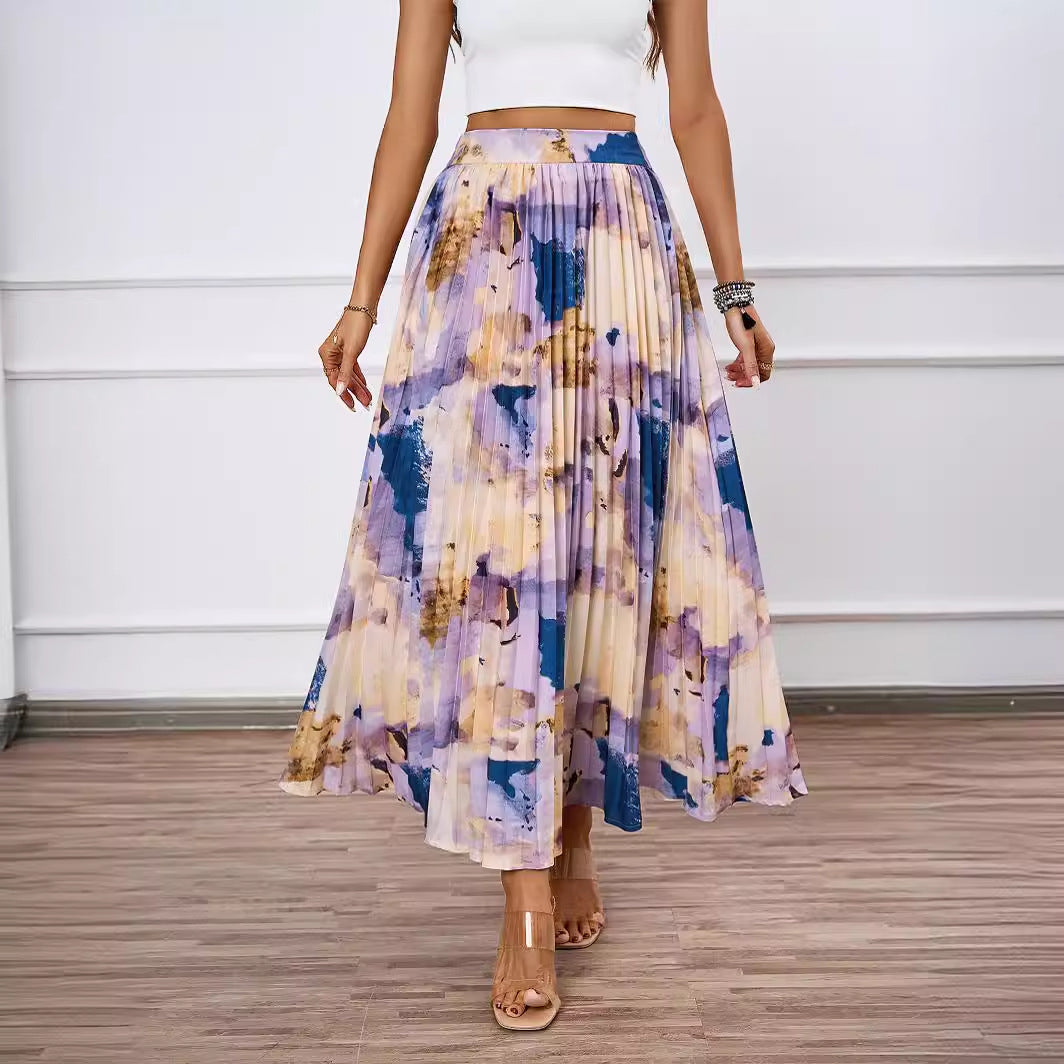 DVL407015K Pleated Abstract Print Maxi Skirt