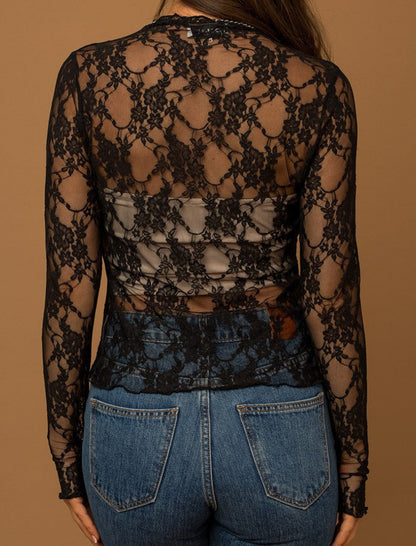 Sheer Floral Lace Long Sleeve Top