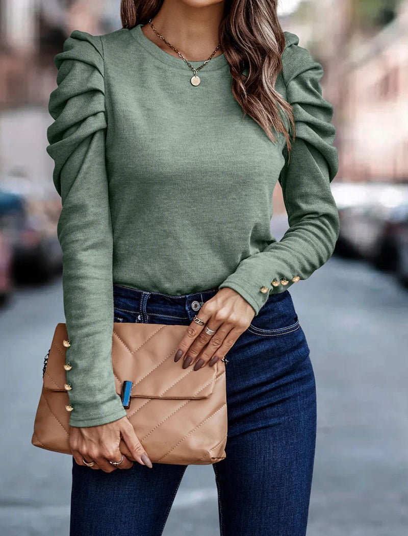 Ruched Sleeve Buttoned Top