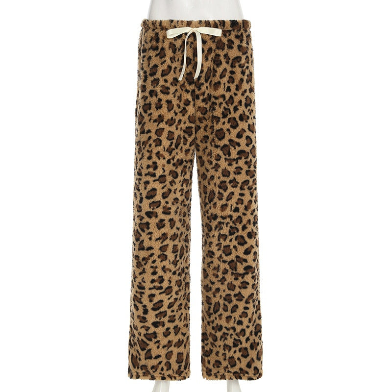 Leopard Print Tie-Waist Fuzzy Pants