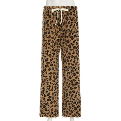 Leopard Print Tie-Waist Fuzzy Pants