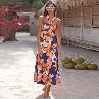 Halter Tropical Print A-Line Dress