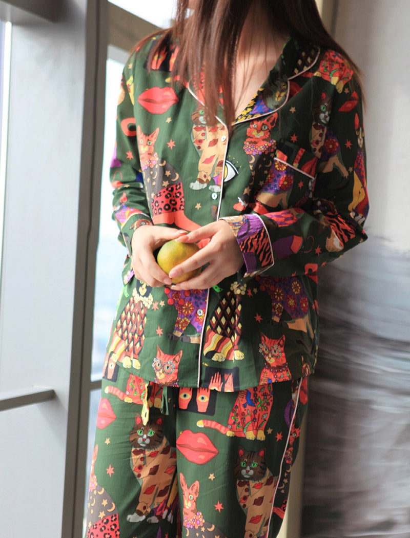 Cat Print Long-Sleeve Pajama Set
