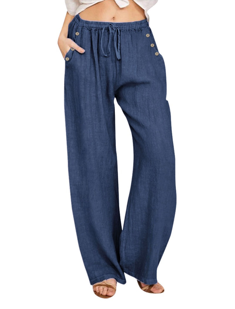 Wide-Leg Buttoned Drawstring Pants