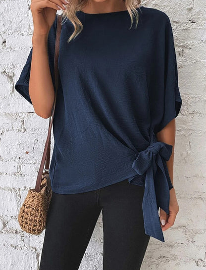 Solid Batwing Sleeve Knot Hem Loose Top