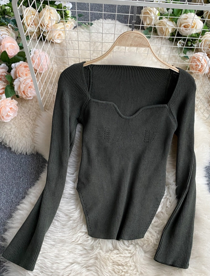 Sweetheart Neck Long Sleeve Knit Top