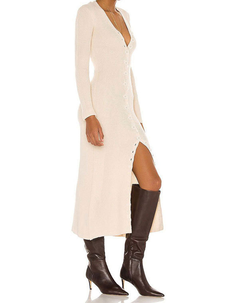 Ribbed Button-Front Midi Dress