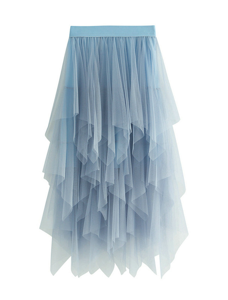 Asymmetric Ruffle Mesh Skirt