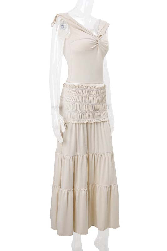 Off-Shoulder Ruched Top and Tiered Skirt Set