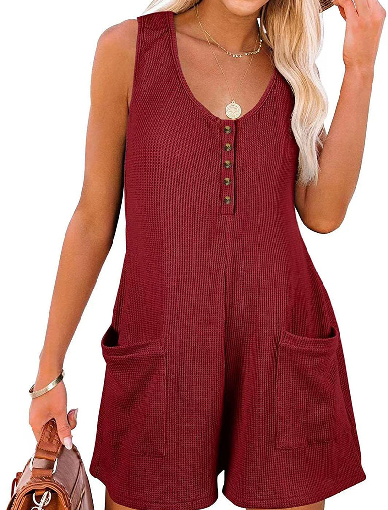 Sleeveless Button-Up Romper with Pockets