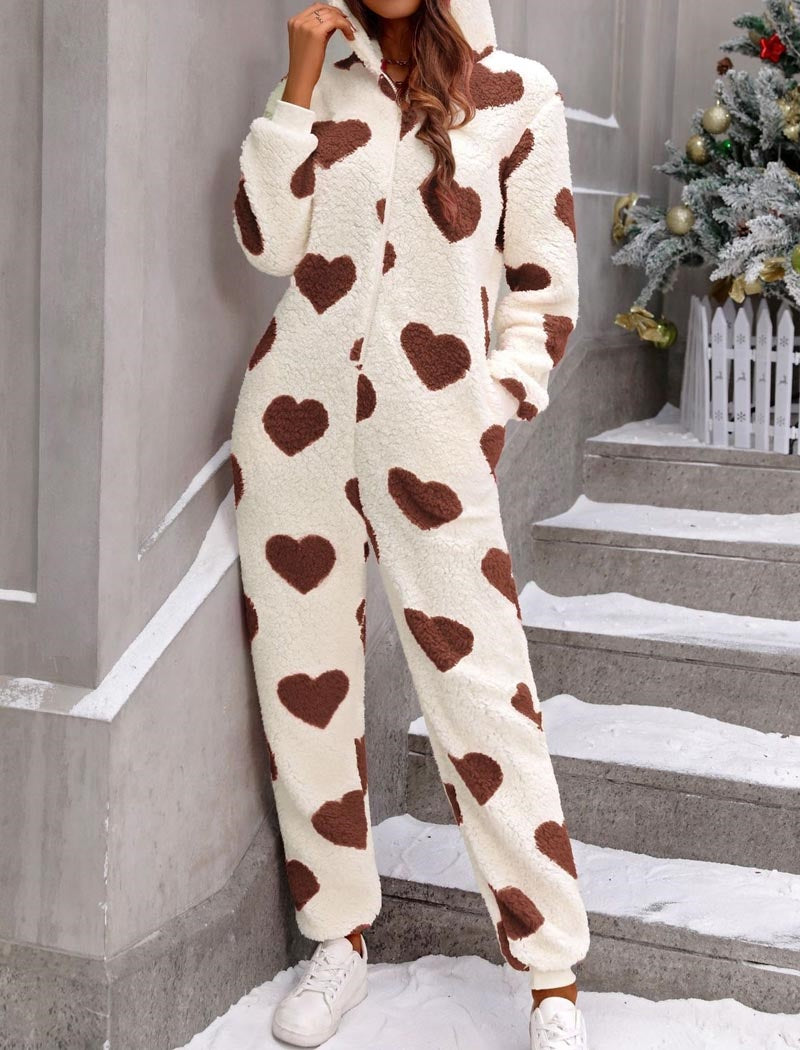 Fuzzy Heart Print Hooded Onesie