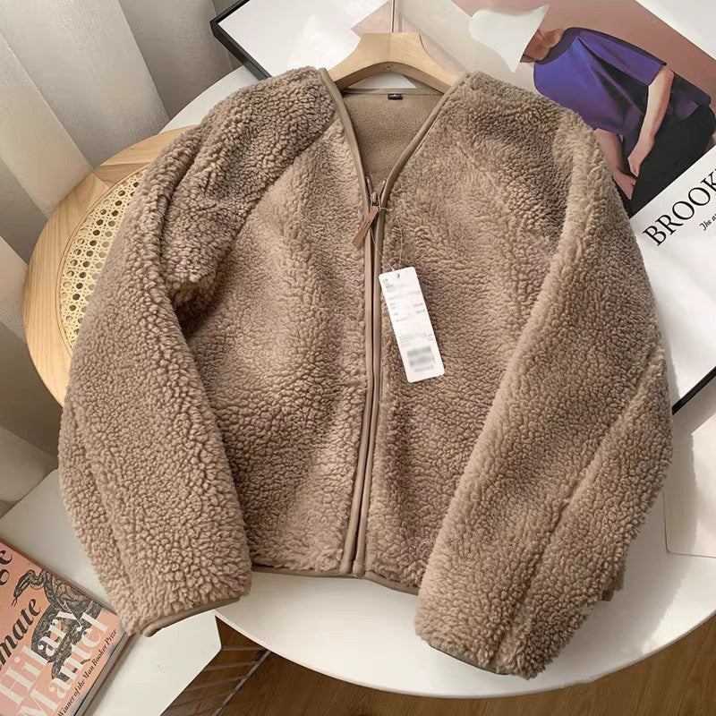 Fleece V-Neck Zipper Sherpa Coat