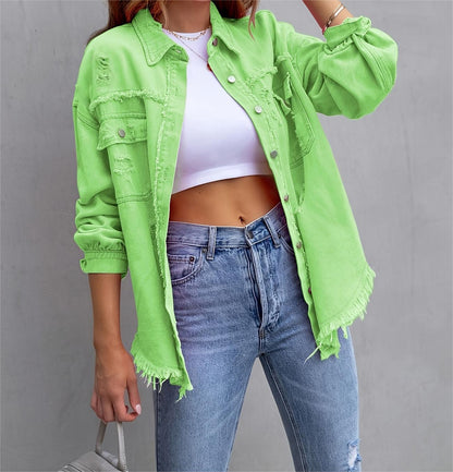 Solid Mid-Length Ripped Denim Jacket