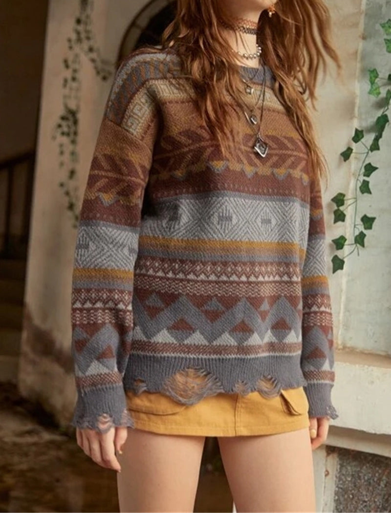 Loose Fit Geometric Pattern Distressed Knit Sweater