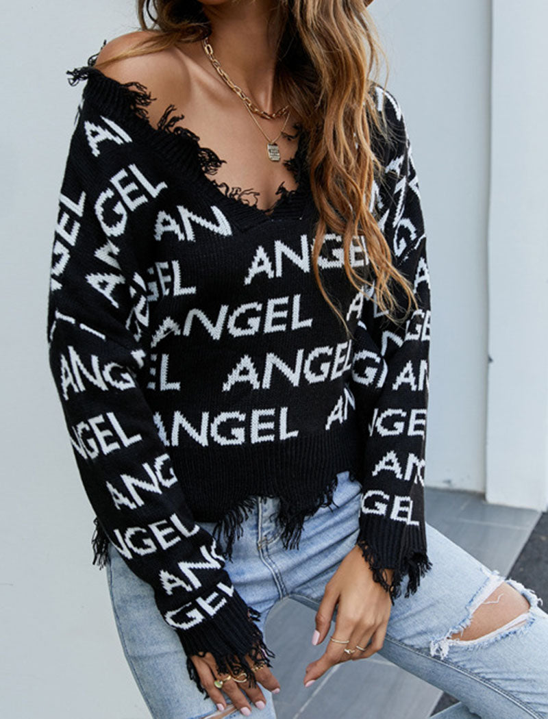 Loose V-Neck Fringed Knit Sweater